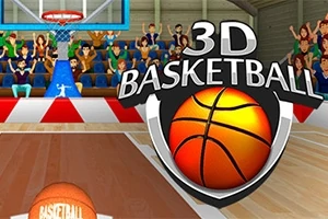Pantalla de un juego de baloncesto en 3D con una pelota y una cancha, acompañado de una multitud en las gradas