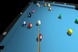 Mesa de billar azul con bolas de colores dispersas y un taco apuntando a la bola blanca