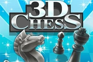 Piezas de ajedrez tridimensionales sobre un fondo azul brillante con la inscripción 3D Chess