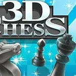 Piezas de ajedrez tridimensionales sobre un fondo azul brillante con la inscripción 3D Chess