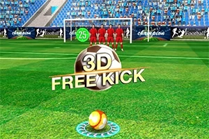 Campo de fútbol virtual con un balón listo para un tiro libre, un portero y una barrera de jugadores con uniformes rojos en el fondo