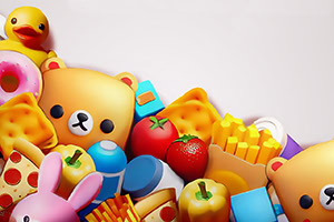 Colores vibrantes con figuras miniatura de ositos, frutas y objetos variados