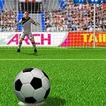Futbolista se prepara para patear un penalti con un portero esperando en la portería sobre un campo de fútbol