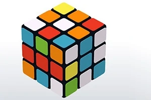Cubo tridimensional con caras de colores mezclados en un fondo blanco