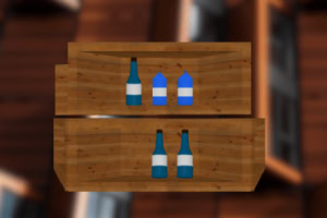 Botellas azules en estantes de madera en un entorno borroso