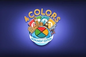 Logotipo colorido con la frase 4 Colors Monument Edition y cartas de juego con iconos de monumentos sobre un fondo azul