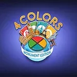 Logotipo colorido con la frase 4 Colors Monument Edition y cartas de juego con iconos de monumentos sobre un fondo azul