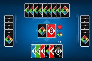 Cartas de juego sobre un tablero azul con distintos números y colores, organizadas en cuatro manos