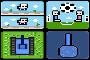 Cuatro viñetas pixeladas muestran personajes saltando, dos figuras con un balón de fútbol, un tanque azul en césped y una pala azul en un fondo sólido