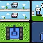 Cuatro viñetas pixeladas muestran personajes saltando, dos figuras con un balón de fútbol, un tanque azul en césped y una pala azul en un fondo sólido