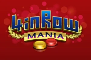 Texto 4 in Row Mania en un fondo rojo con fichas amarilla y roja