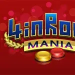 Texto 4 in Row Mania en un fondo rojo con fichas amarilla y roja