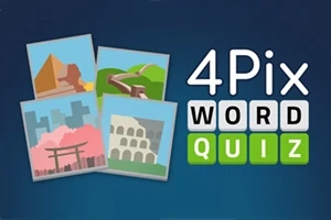 Cuatro ilustraciones de lugares icónicos y el texto 4Pix Word Quiz a la derecha
