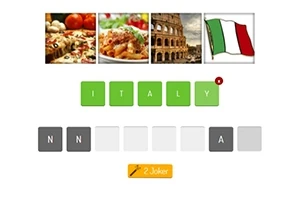 Cuatro imágenes pequeñas muestran pizza, pasta, el Coliseo y la bandera de Italia, con la palabra ITALY formada debajo