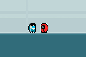 Dos personajes pixelados, uno azul y otro rojo, de pie en un escenario minimalista con fondo simple