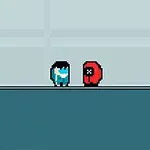 Dos personajes pixelados, uno azul y otro rojo, de pie en un escenario minimalista con fondo simple
