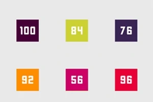 Seis recuadros de colores con números: 100 en morado, 84 en verde, 76 en azul, 92 en naranja, 56 en fucsia, y 96 en rojo, sobre un fondo gris claro
