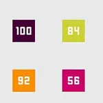 Seis recuadros de colores con números: 100 en morado, 84 en verde, 76 en azul, 92 en naranja, 56 en fucsia, y 96 en rojo, sobre un fondo gris claro