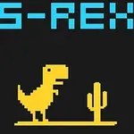 Dinosaurio de píxeles amarillos junto a un cactus con texto S-REX en la parte superior sobre un fondo negro