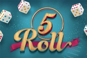 Dados blancos alrededor de un logotipo central que dice 5 Roll en letras grandes sobre un fondo azul