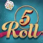 Dados blancos alrededor de un logotipo central que dice 5 Roll en letras grandes sobre un fondo azul
