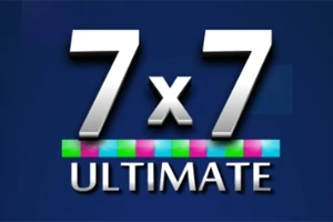 Texto 7 x 7 Ultimate con una línea de cuadrados de colores sobre un fondo azul