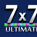 Texto 7 x 7 Ultimate con una línea de cuadrados de colores sobre un fondo azul