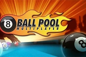 Diseño gráfico con una bola de billar número 8 en primer plano y el texto 8 Ball Pool Multiplayer sobre un fondo anaranjado con llamas
