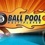 Diseño gráfico con una bola de billar número 8 en primer plano y el texto 8 Ball Pool Multiplayer sobre un fondo anaranjado con llamas