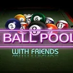Bolas de billar con números en una mesa de billar iluminada, con texto en neón que dice 8 Ball Pool with Friends