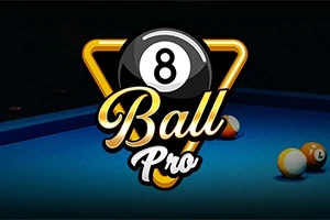 Logo con un diseño de bola de billar número 8 y palabras Ball Pro sobre una mesa de billar azul con bolas en el fondo