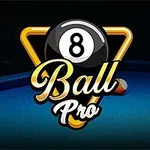 Logo con un diseño de bola de billar número 8 y palabras Ball Pro sobre una mesa de billar azul con bolas en el fondo