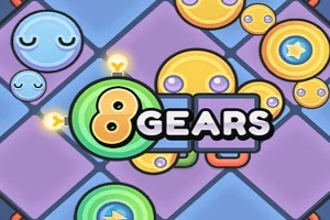 Caras sonrientes de colores con diferentes expresiones y el texto 8 GEARS en el centro sobre un fondo de cuadros morados y azules