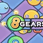 Caras sonrientes de colores con diferentes expresiones y el texto 8 GEARS en el centro sobre un fondo de cuadros morados y azules