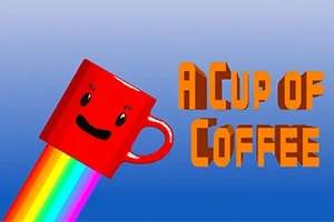 Taza roja sonriente con un arcoíris saliendo de ella junto al texto A Cup of Coffee sobre un fondo azul