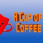 Taza roja sonriente con un arcoíris saliendo de ella junto al texto A Cup of Coffee sobre un fondo azul