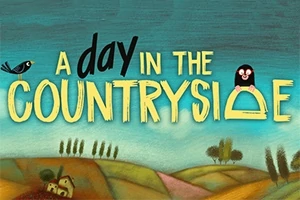 Ilustración de un paisaje campestre con un pájaro y un topo asomando, con texto grande y colorido en el centro