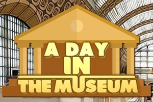 Dibujo de un edificio con columnas que dice A Day in the Museum sobre un fondo de museo con techo de cúpula de vidrio y paredes grandes de ventana