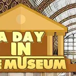 Dibujo de un edificio con columnas que dice A Day in the Museum sobre un fondo de museo con techo de cúpula de vidrio y paredes grandes de ventana