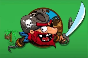 Pirata caricaturesco con barba roja y espada, frente a un círculo que muestra una isla con palmeras y barcos