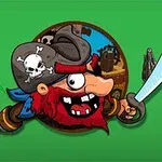 Pirata caricaturesco con barba roja y espada, frente a un círculo que muestra una isla con palmeras y barcos