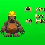 Topo con casco amarillo sobre fondo verde con texto en inglés a la derecha