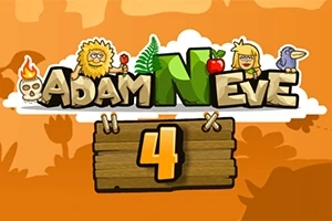 Título colorido Adam and Eve 4 con ilustraciones de personajes y un fondo naranja