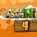 Título colorido Adam and Eve 4 con ilustraciones de personajes y un fondo naranja