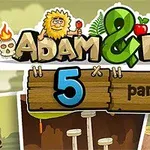 Dibujo colorido con dos personajes animados, un hombre con barba y una mujer rubia, rodeados de un árbol, una calavera y un pájaro, con un cartel de madera que tiene el número 5 y el texto part I