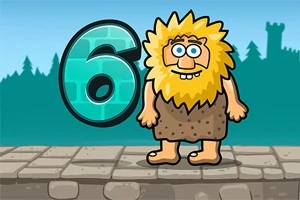 Dibujo de un personaje con melena amarilla y barba vistiendo una túnica marrón al lado de un número seis en un camino de piedra con un fondo de árboles y un castillo