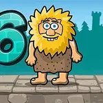 Dibujo de un personaje con melena amarilla y barba vistiendo una túnica marrón al lado de un número seis en un camino de piedra con un fondo de árboles y un castillo