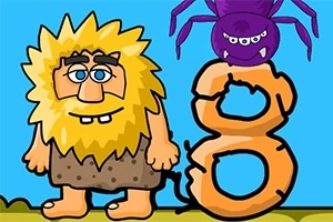 Un hombre prehistórico con cabello desordenado y un taparrabos marrón junto a un número ocho naranja, con una araña morada encima