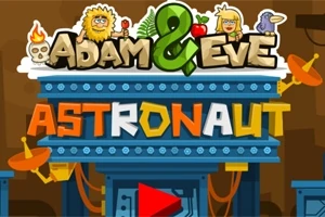 Título colorido Adam & Eve: Astronaut con ilustraciones de personajes y elementos espaciales