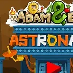 Título colorido Adam & Eve: Astronaut con ilustraciones de personajes y elementos espaciales